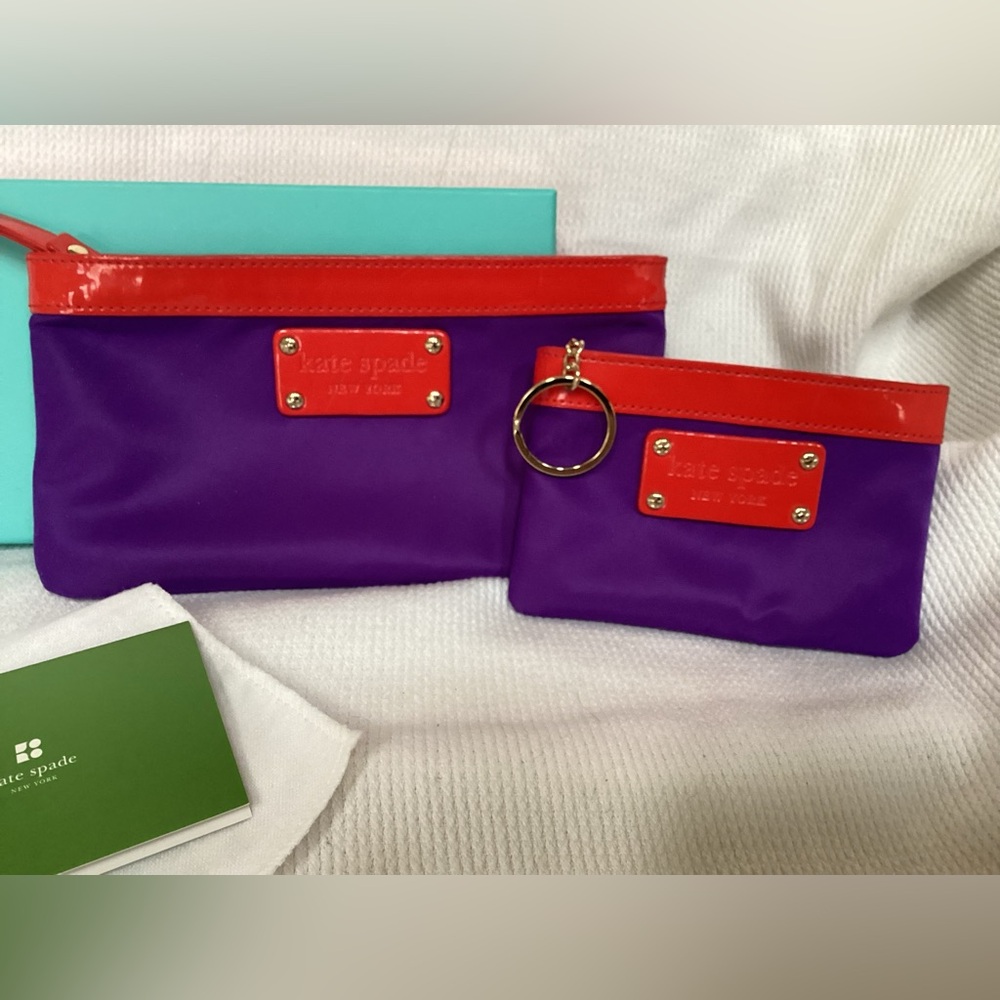 kate spade PurpleNylon and Red Patent Leather Zipper 2 pc Pouch set.  NWT - Picture 2 of 13
